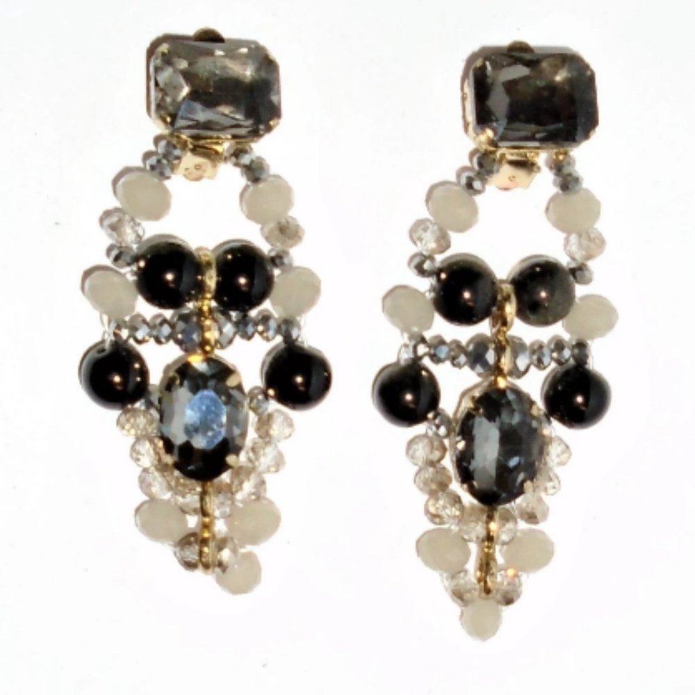 Gold tone Gray Gemstones Black Beads Clip on Earrings